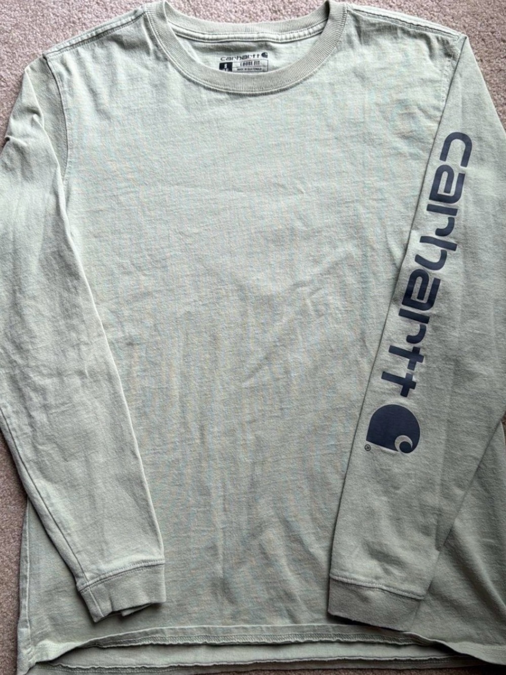 Carhartt Long-Sleeve Logo Tee in Sage Green with Navy Print
